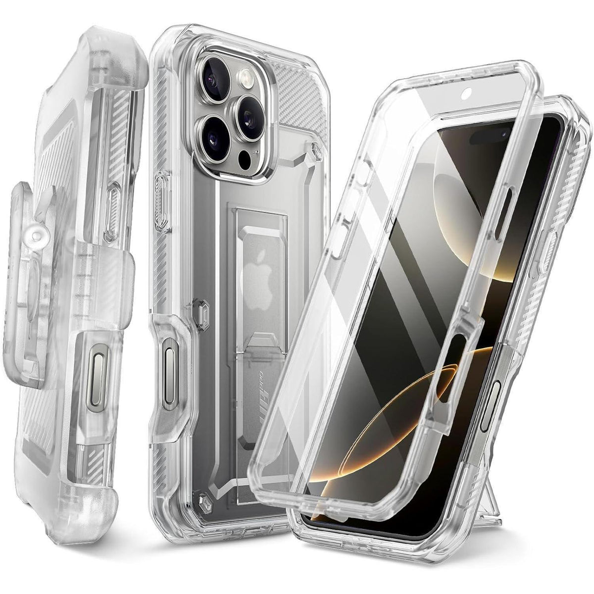 iPhone 16 Pro Max Hülle mit Ständer und Gürtelclip (Durchsichtig)