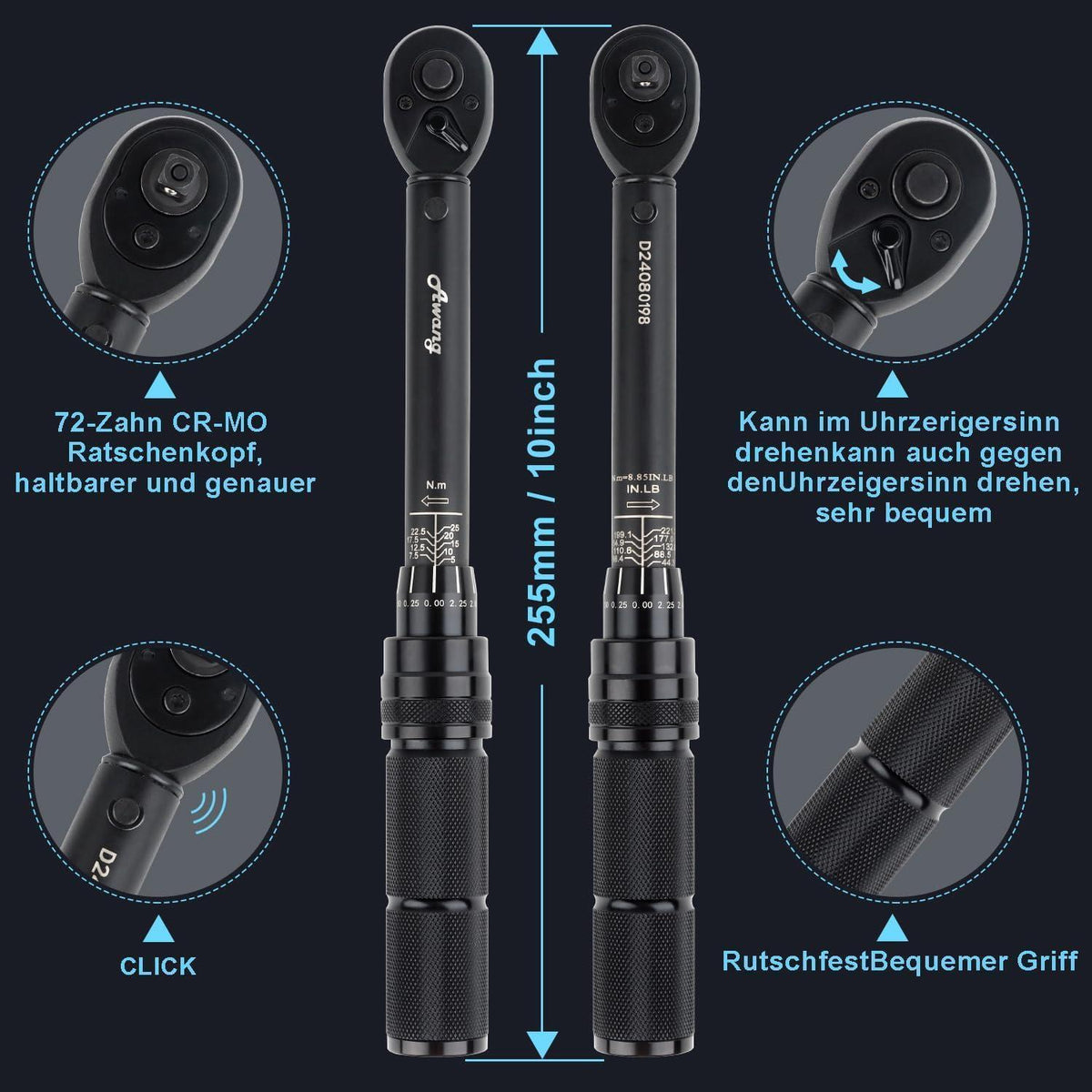 Drehmomentschlüssel 1/4" 5-25 Nm mit Ratschenkopf, klar lesbar