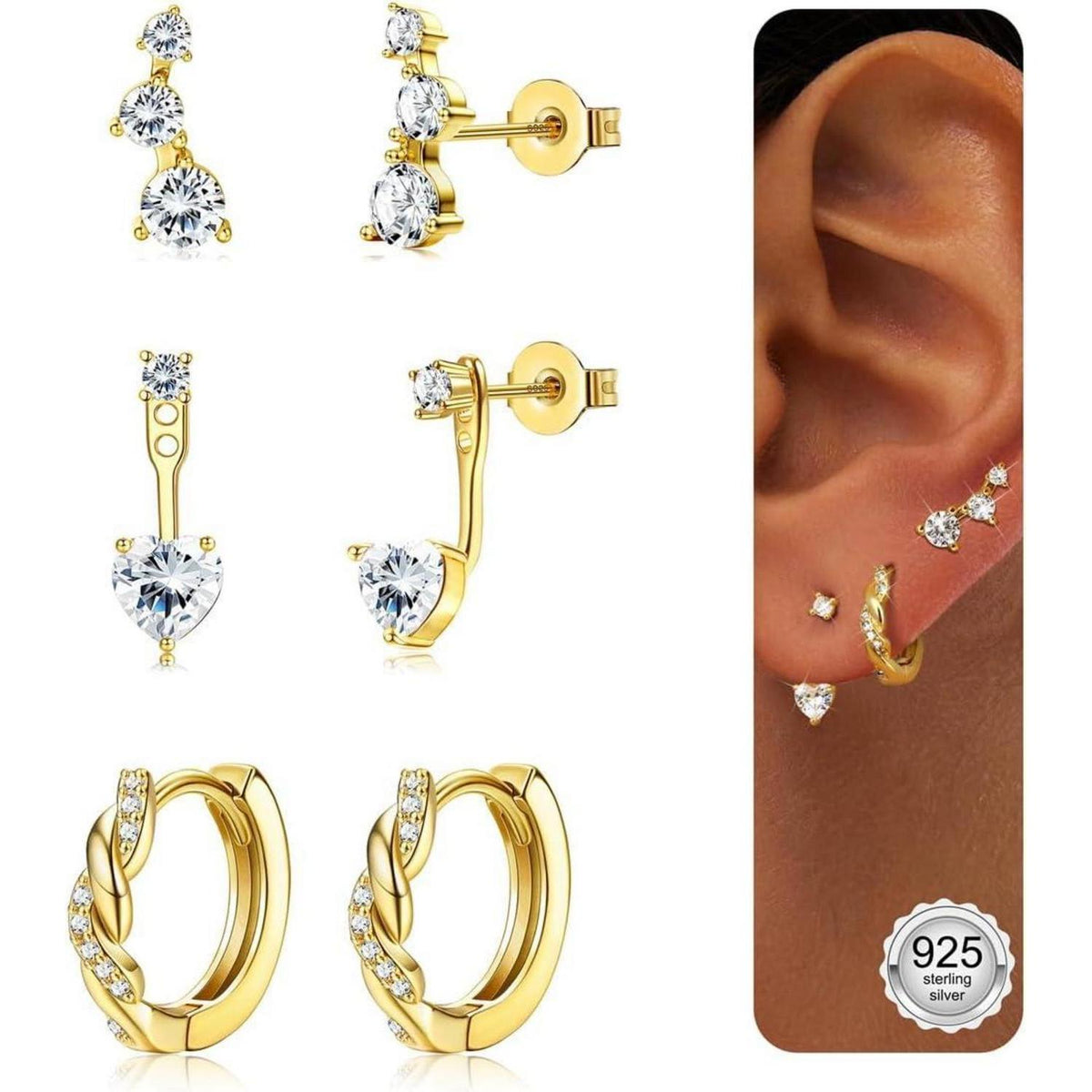3 Paar Ohrringe Silber & Gold 925 Sterling Silber Creolen & Stecker