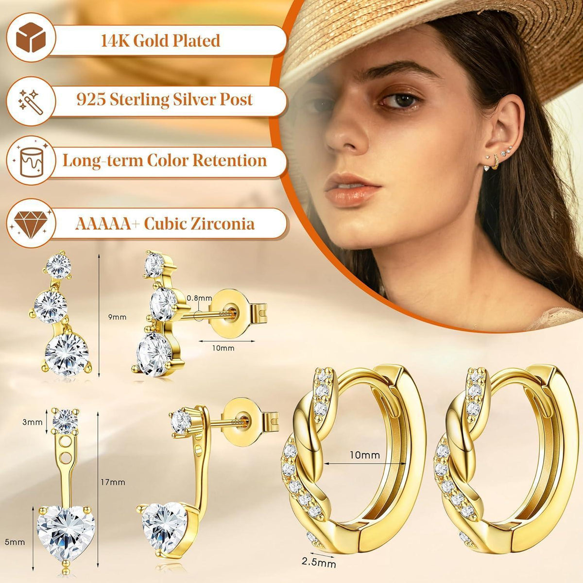 3 Paar Ohrringe Silber & Gold 925 Sterling Silber Creolen & Stecker