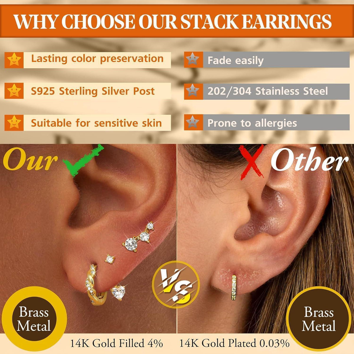 3 Paar Ohrringe Silber & Gold 925 Sterling Silber Creolen & Stecker