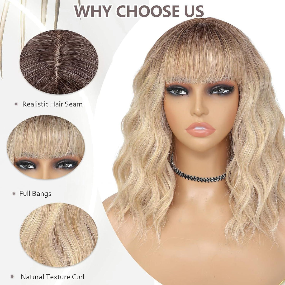 Welliges Braun-Blond Bob Perücke mit Pony