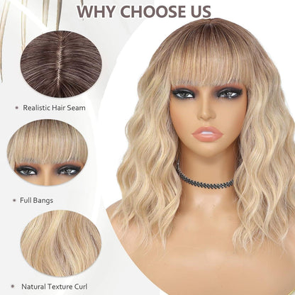 Welliges Braun-Blond Bob Perücke mit Pony