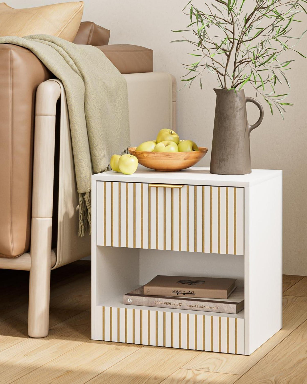 Modern White Wooden Nightstand with Drawer 39x39x28 cm
