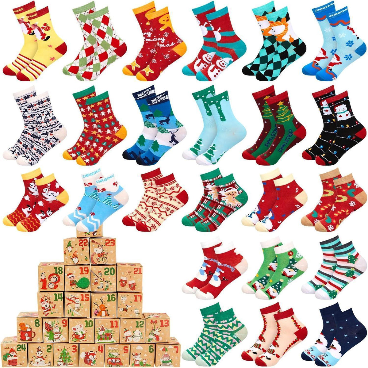 24 Paar Weihnachtssocken Adventskalender Geschenkboxen für Damen Herren