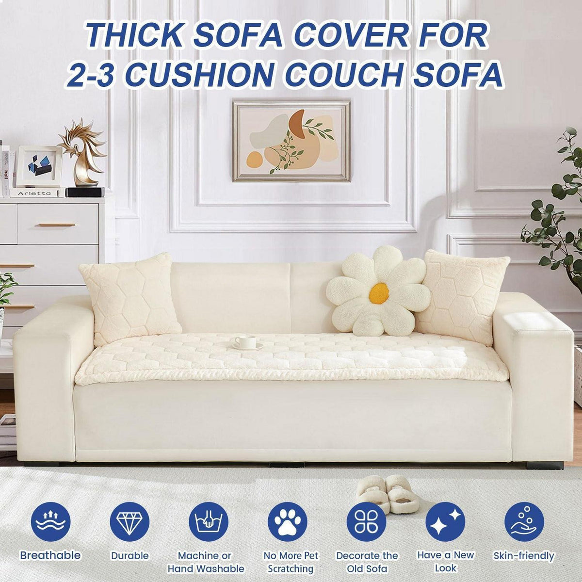 Dicker Sofaüberzug rutschfest 2-3-4 Sitzer Beige Weiß 90x210cm