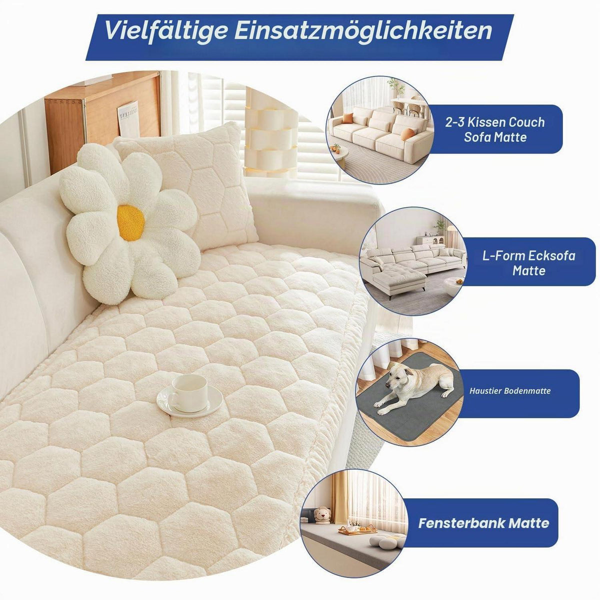 Dicker Sofaüberzug rutschfest 2-3-4 Sitzer Beige Weiß 90x210cm