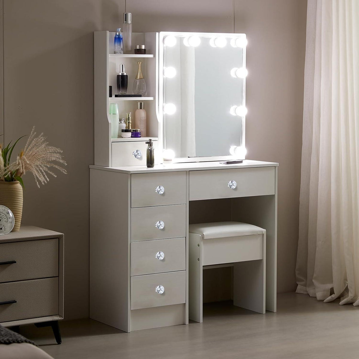 Schminktisch mit LED-Beleuchtung und Hocker Weiß 80x36x130cm