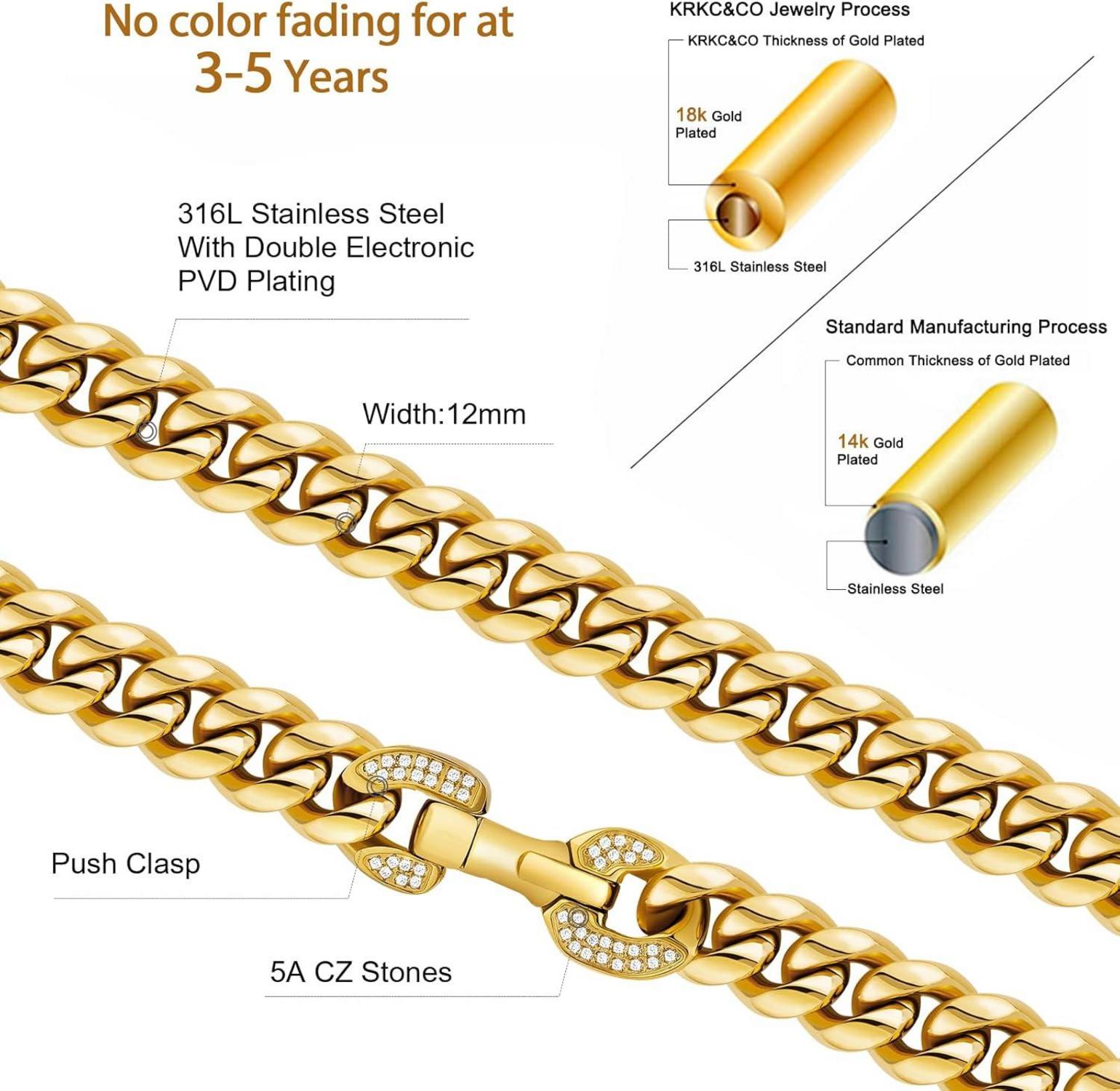 KRKC&CO Panzerkette Herren 18K Gold Cuban Link Hip Hop Kette 61cm 12mm Golden