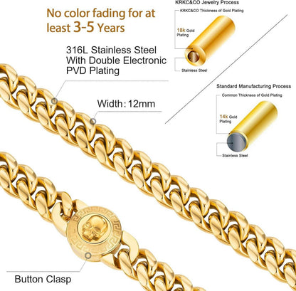 Herren Panzerkette mit Totenkopf-Verschluss, Cuban Link Chain, 18K Gold plattiert, 12mm, 50.8cm