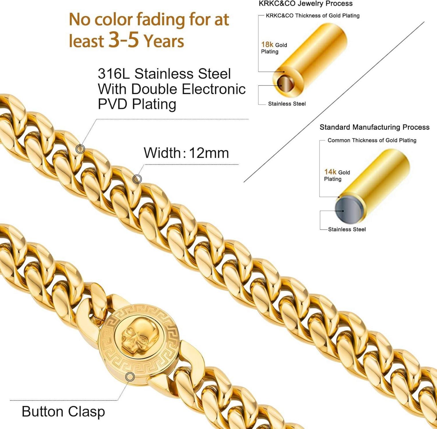 Herren 12mm Cuban Link Chain, 18K Gold Panzerkette mit Totenkopf-Verschluss