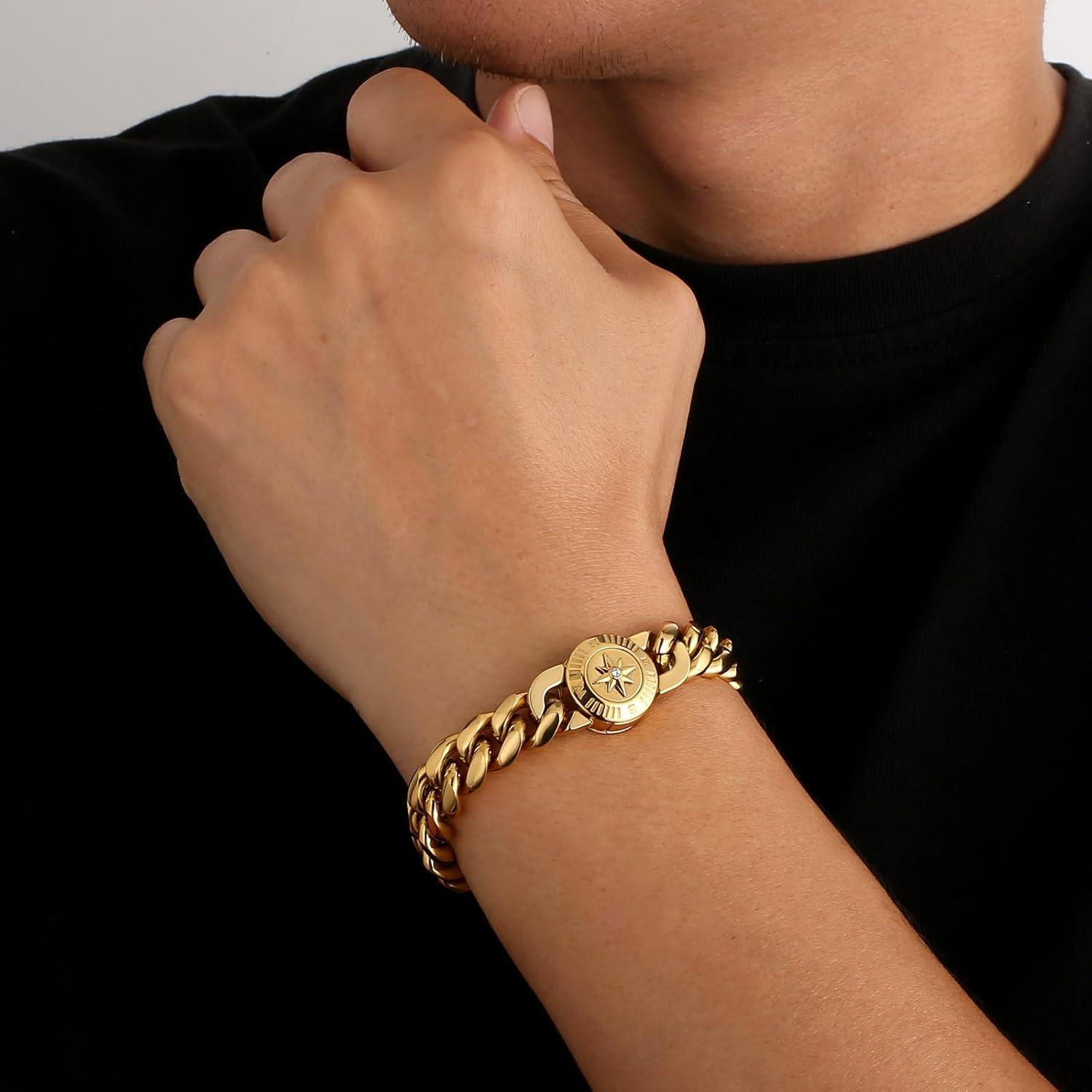 Herren Armband Löwe Kopf 18K Gold Cuban Link 21,6cm Compass
