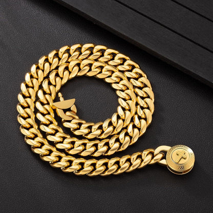 12mm Herren Panzerkette mit Löwe/Totenkopf Verschluss, 18K Gold plattiert Cuban