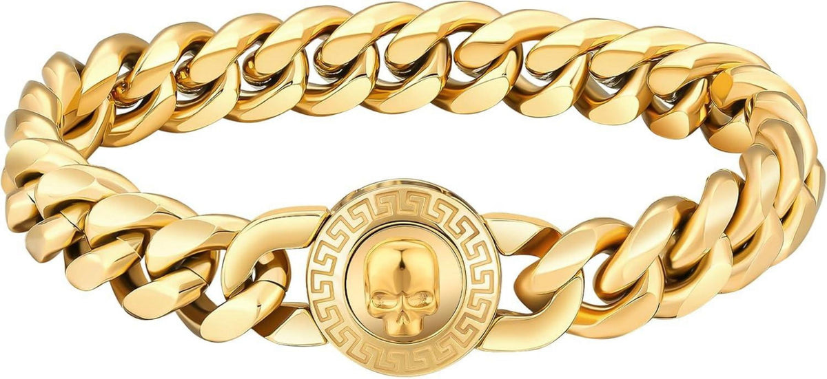 Herren Gold Cuban Link Armband Totenkopf Verschluss 12mm