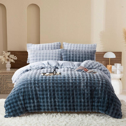 Langhaar Plüsch Bettwäsche Set 200x220 Grau Blau Winterwarm