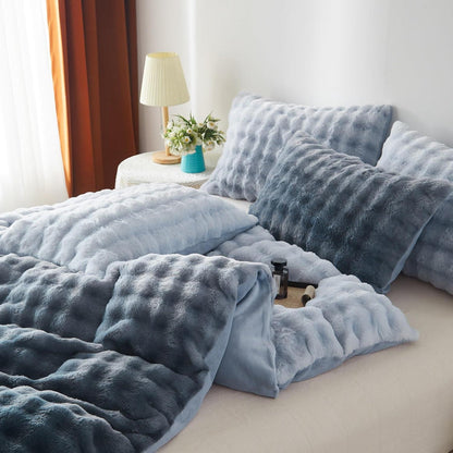 Langhaar Plüsch Bettwäsche Set 200x220 Grau Blau Winterwarm