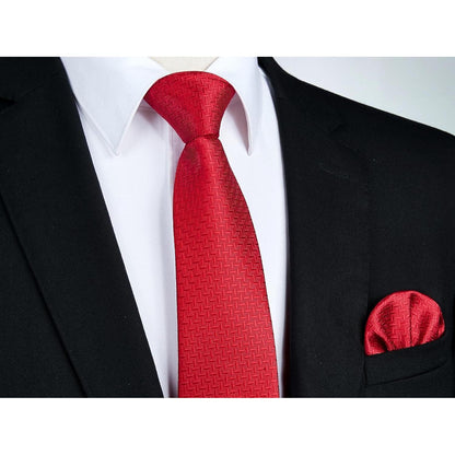 Herren Krawatten-Set mit Einstecktuch und Manschettenknöpfen – Seide Paisley Rot