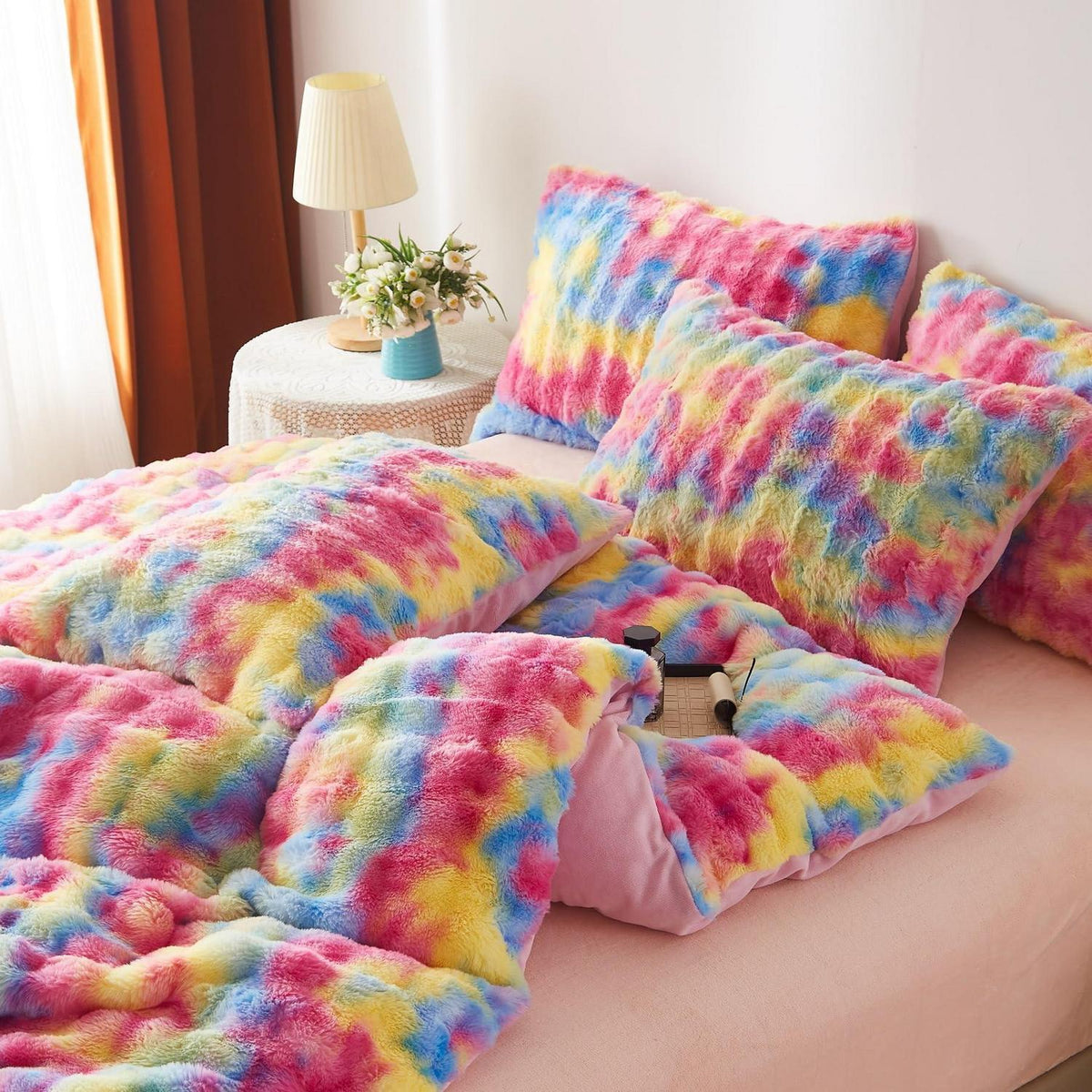Plüsch Bettwäsche Set 200x200 Winterwarm Regenbogen Bunt