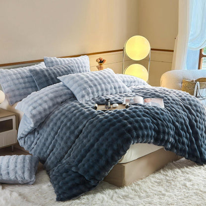 Flauschige Plüsch Bettwäsche 135x200 Grau Blau Winter Set
