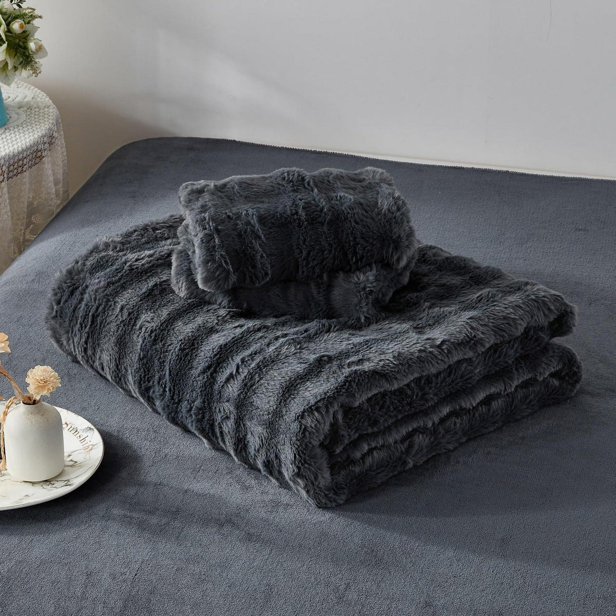 Plüsch Bettwäsche Set Grau 200x220 cm - Winterwarm & Kuschelig