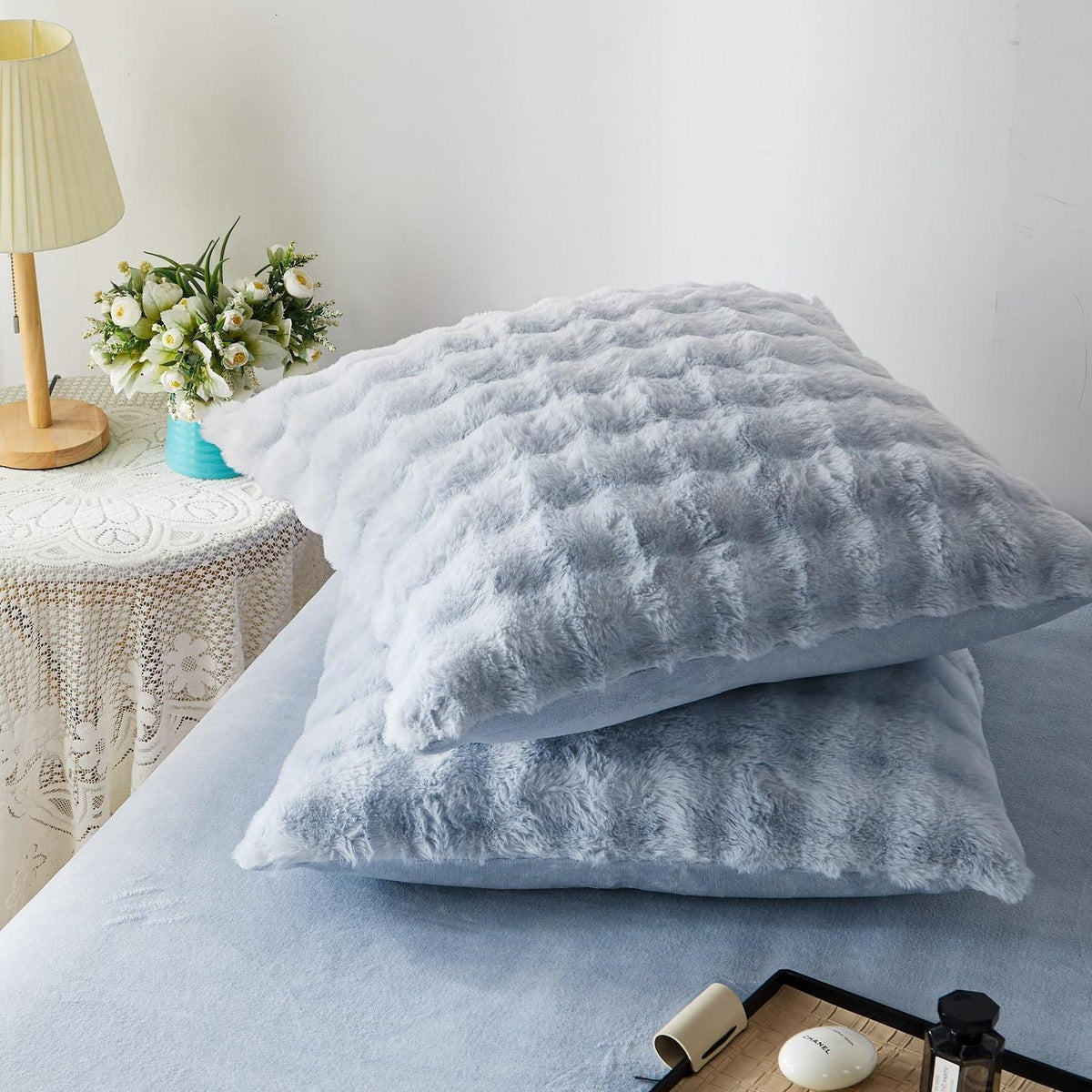 Langhaar Plüsch Bettwäsche Set 220x240 Grau Blau Winterwarm