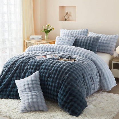 Langhaar Plüsch Bettwäsche Set 220x240 Grau Blau Winterwarm