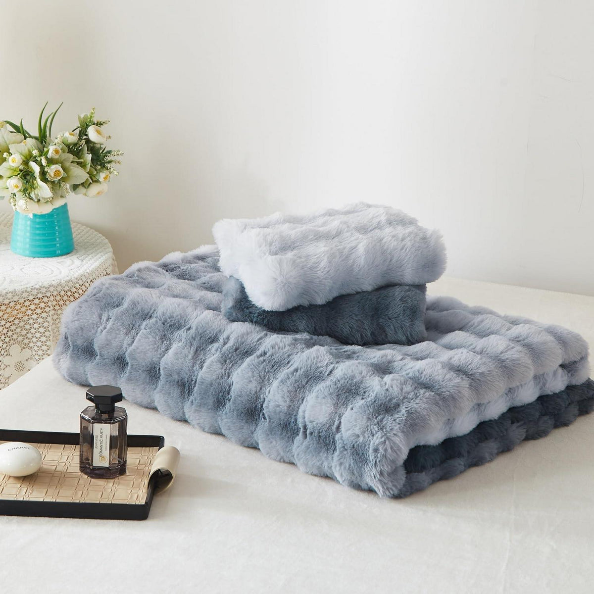 Langhaar Plüsch Bettwäsche Set 200x200 - Grau Blau Winterwarm