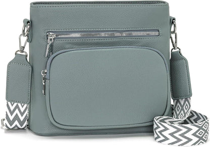 Umhängetasche Damen Mittelgroß Veganes Leder Crossbody Graublau