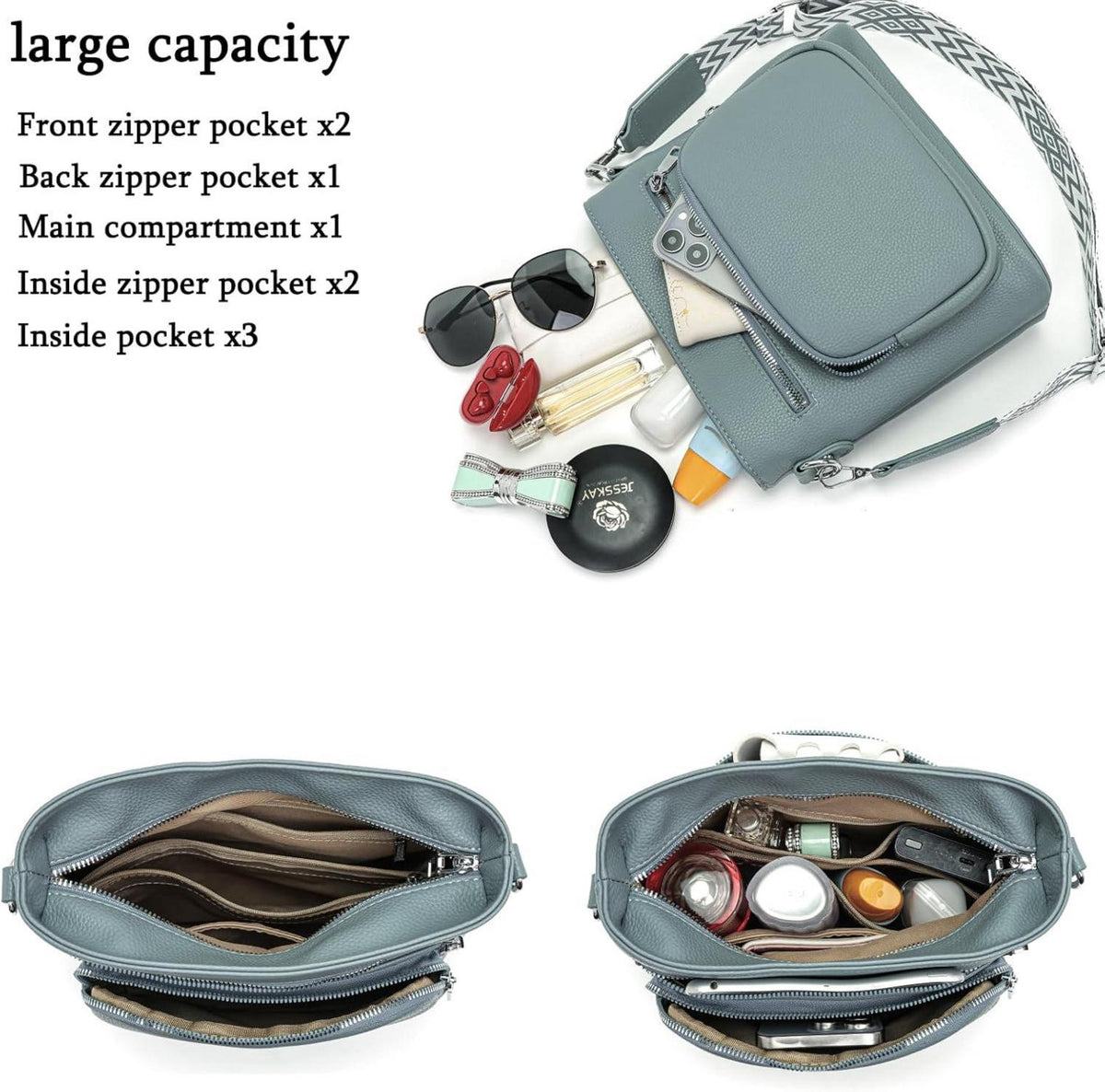 Umhängetasche Damen Mittelgroß Veganes Leder Crossbody Graublau
