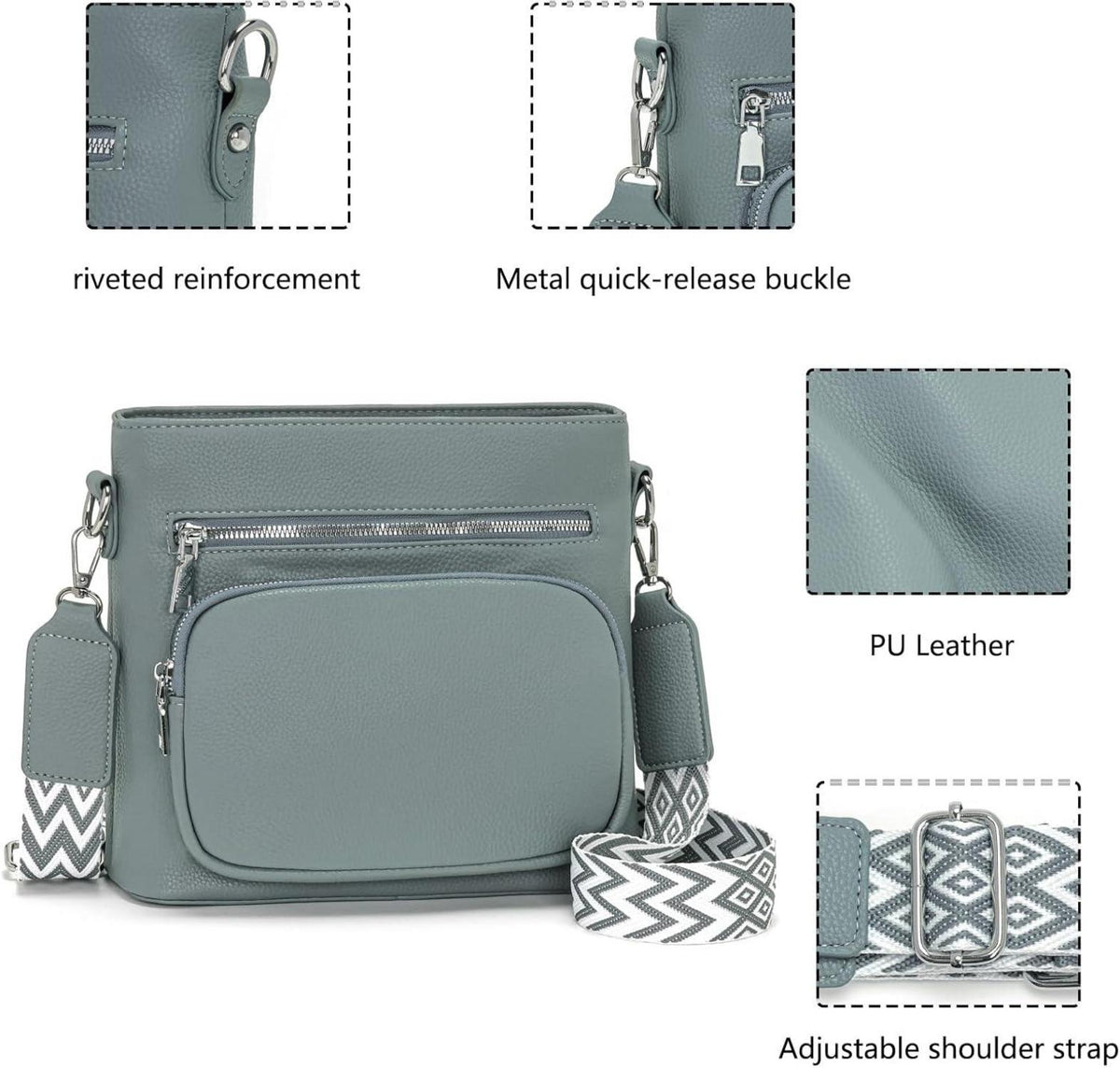 Damen Umhängetasche Mittelgroße Crossbody Bag Vegan Leder Blau Grau