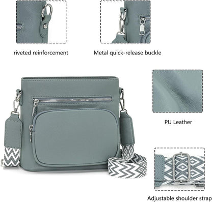 Damen Umhängetasche Mittelgroße Crossbody Bag Vegan Leder Blau Grau
