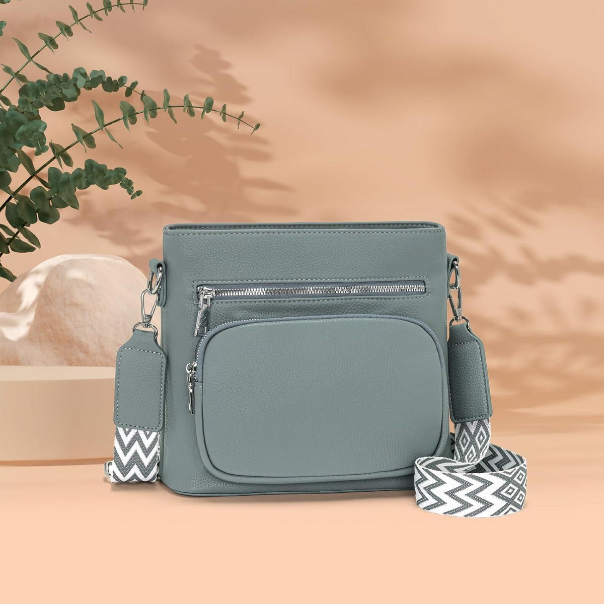 Damen Umhängetasche Mittelgroße Crossbody Bag Vegan Leder Blau Grau