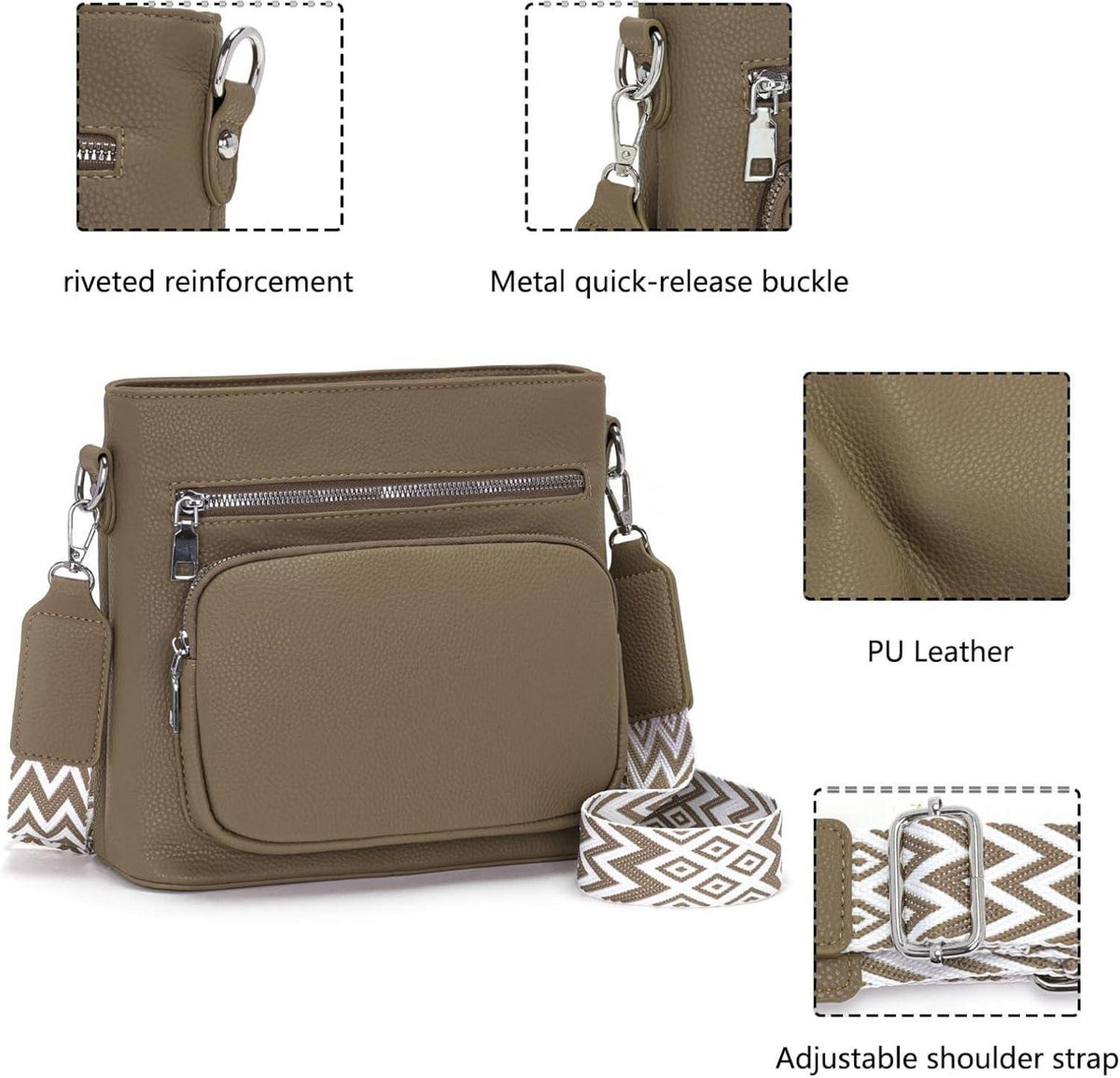 Umhängetasche Damen Mittelgroß Crossbody Bag Veganes Leder Khaki
