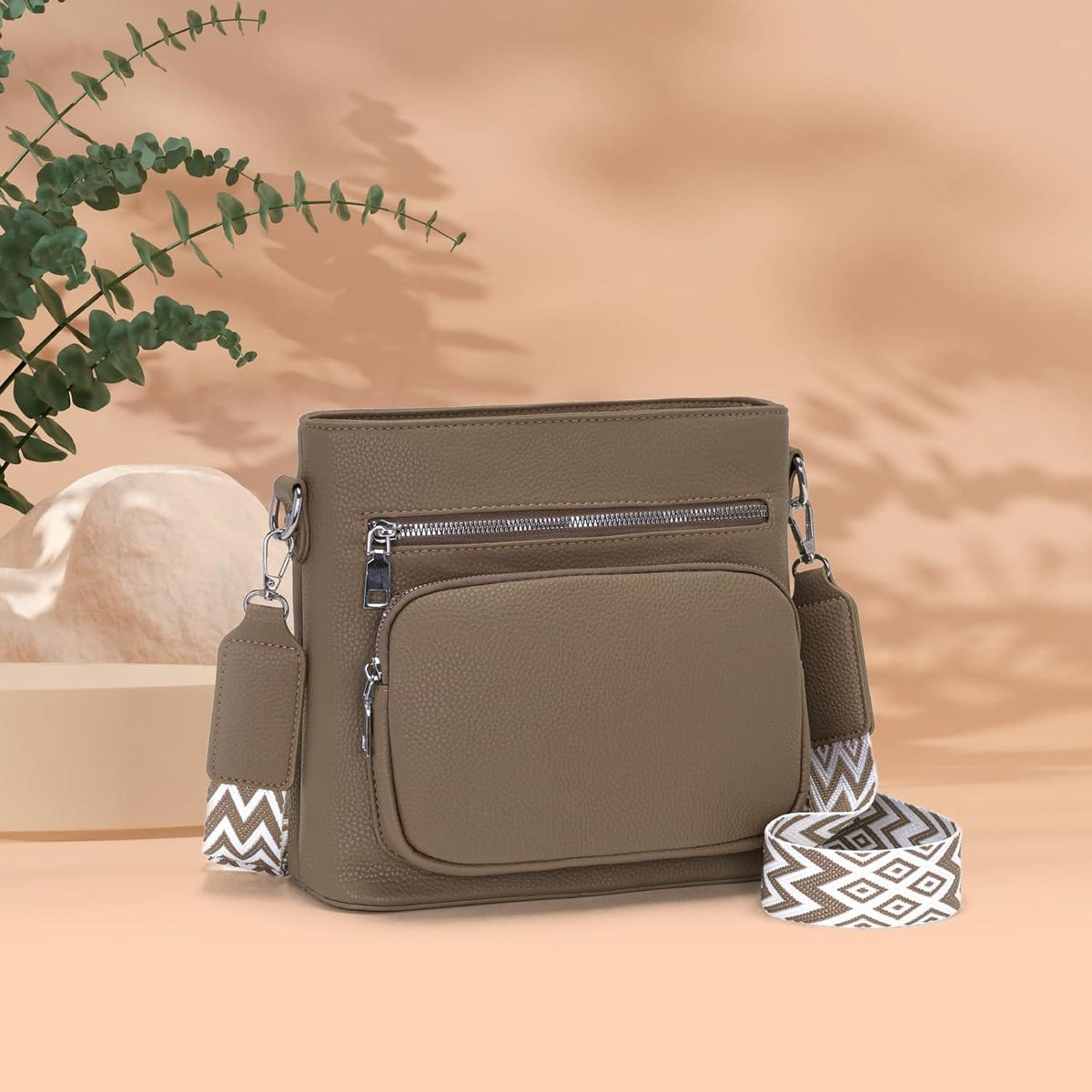 Umhängetasche Damen Mittelgroß Crossbody Bag Veganes Leder Khaki