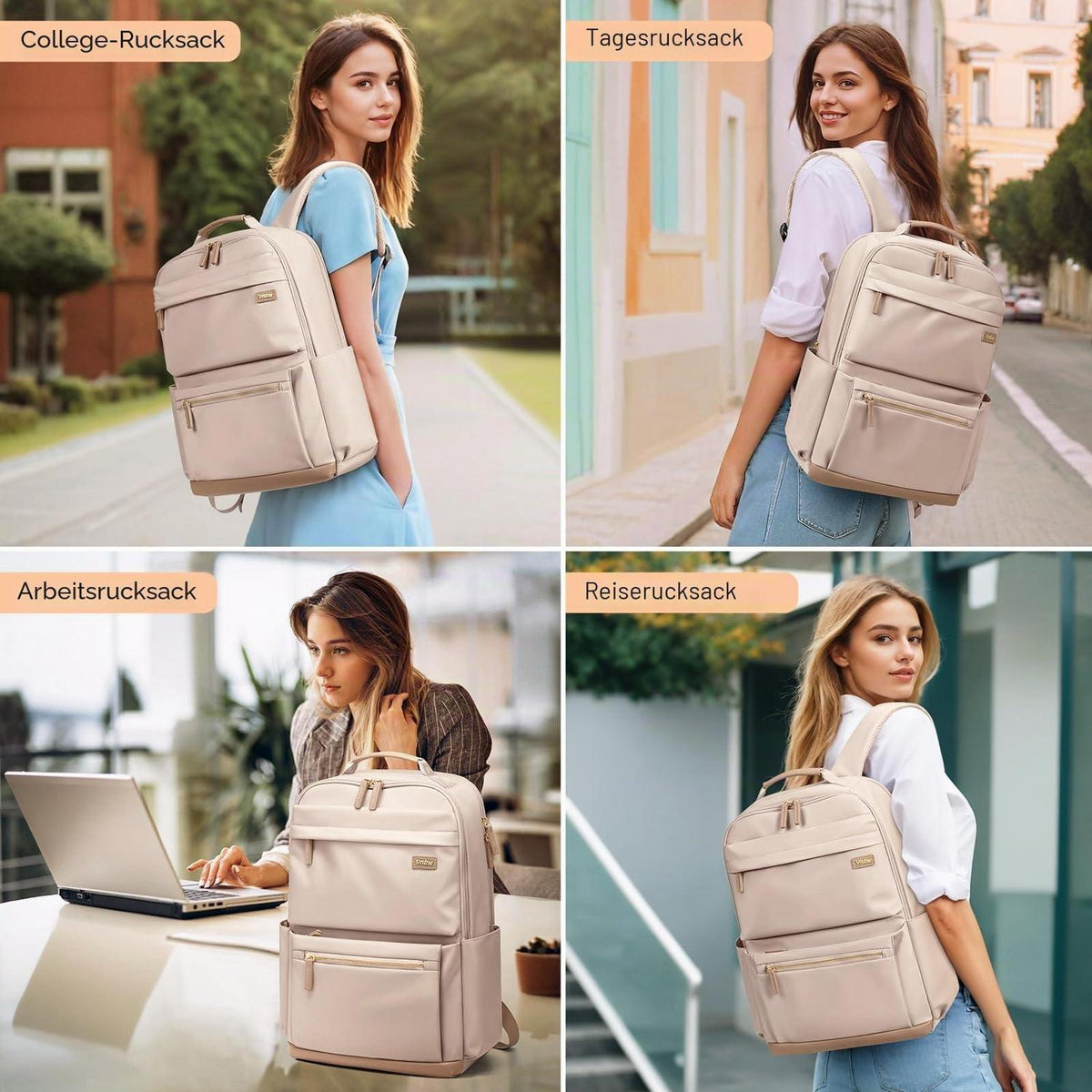 Laptop Rucksack Damen Wasserdicht 15.6 Zoll Schulrucksack Beige
