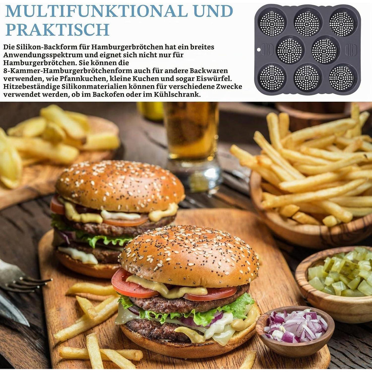 Silikon Backform für Burger Buns – 8 Kavitäten, Antihaft & Vielseitig