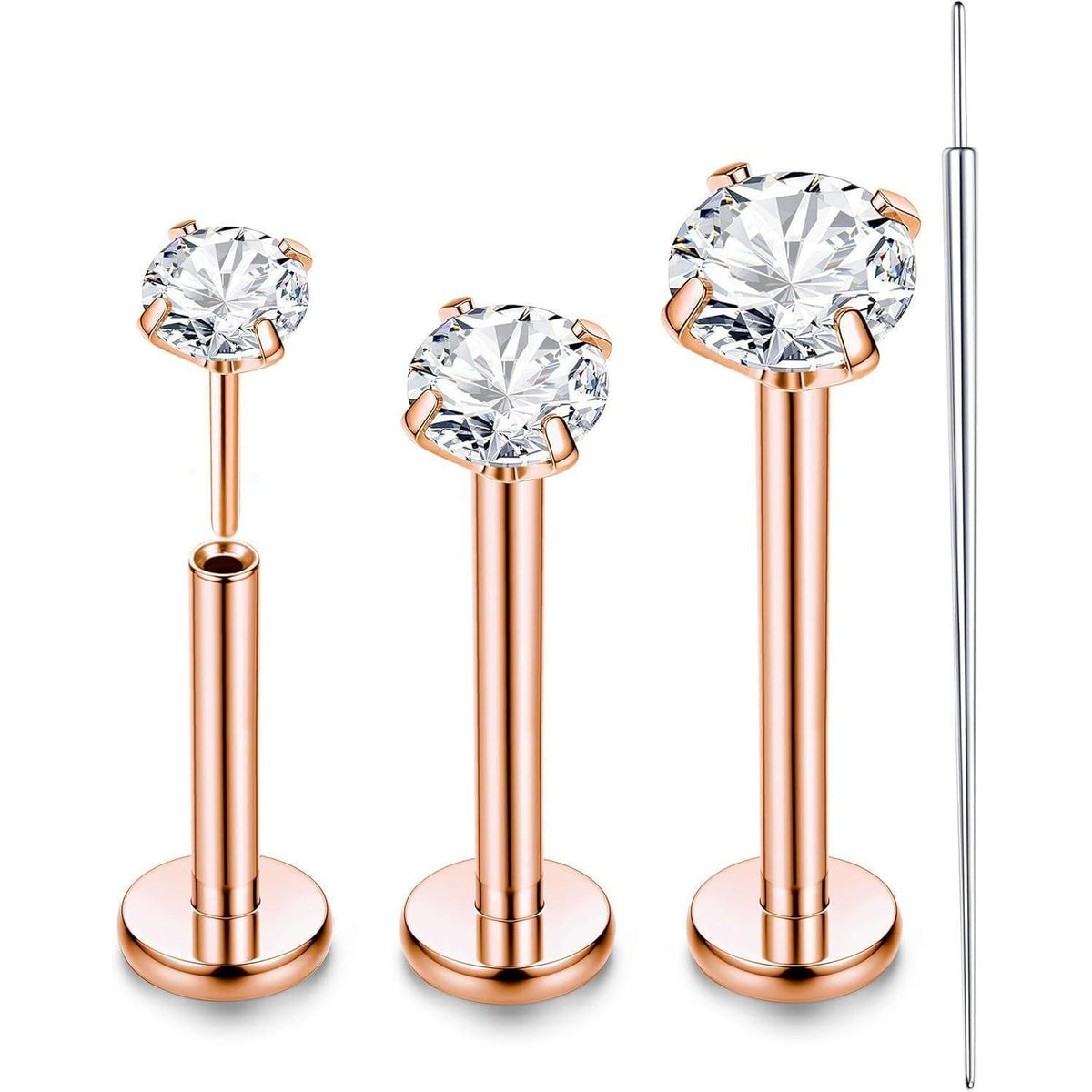 Titan Labret Piercing mit CZ, Roségold, 3er Set