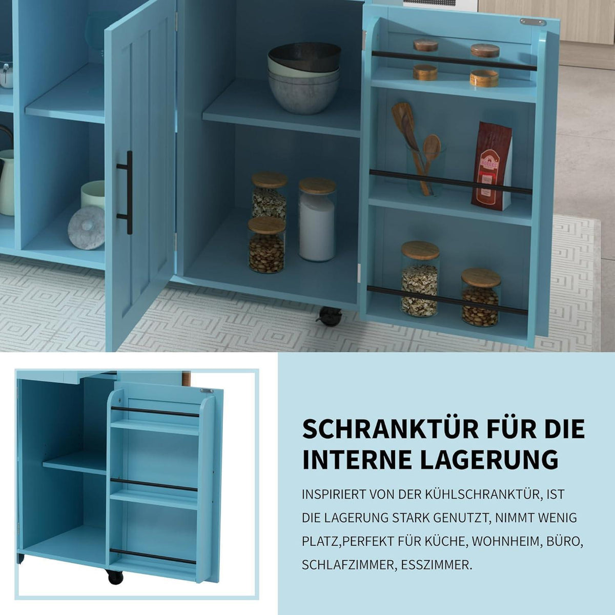 Kücheninsel freistehend mit Klappplatte & Rollen – Blau