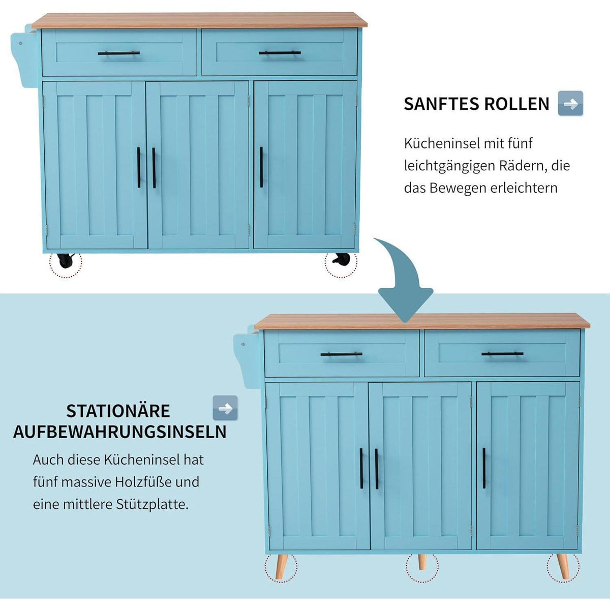 Kücheninsel freistehend mit Klappplatte & Rollen – Blau