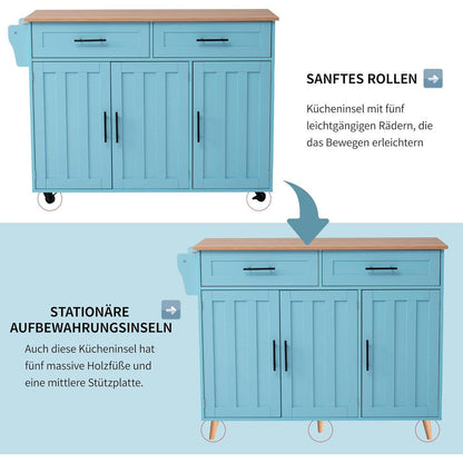 Kücheninsel freistehend mit Klappplatte & Rollen – Blau