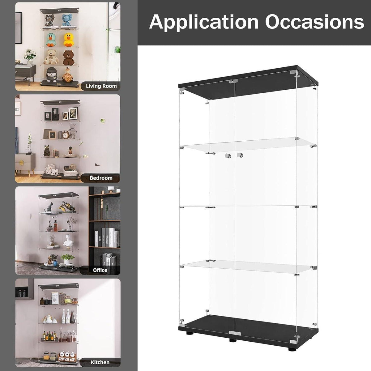Glasvitrine 164 cm | 4 Etagen, 2 Türen & Schloss | Modern & Stehend