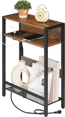 Beistelltisch mit Ladestation, Nachttisch Holz Metallregal