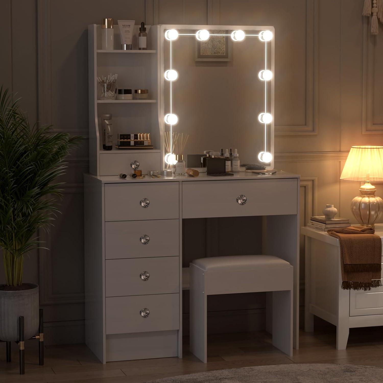 Ereousa Schminktisch mit Beleuchtung und Hocker, Weiß, Zeitloses Design, 6 Schubladen, 3 Regale, Spiegel, MDF/Massivholz