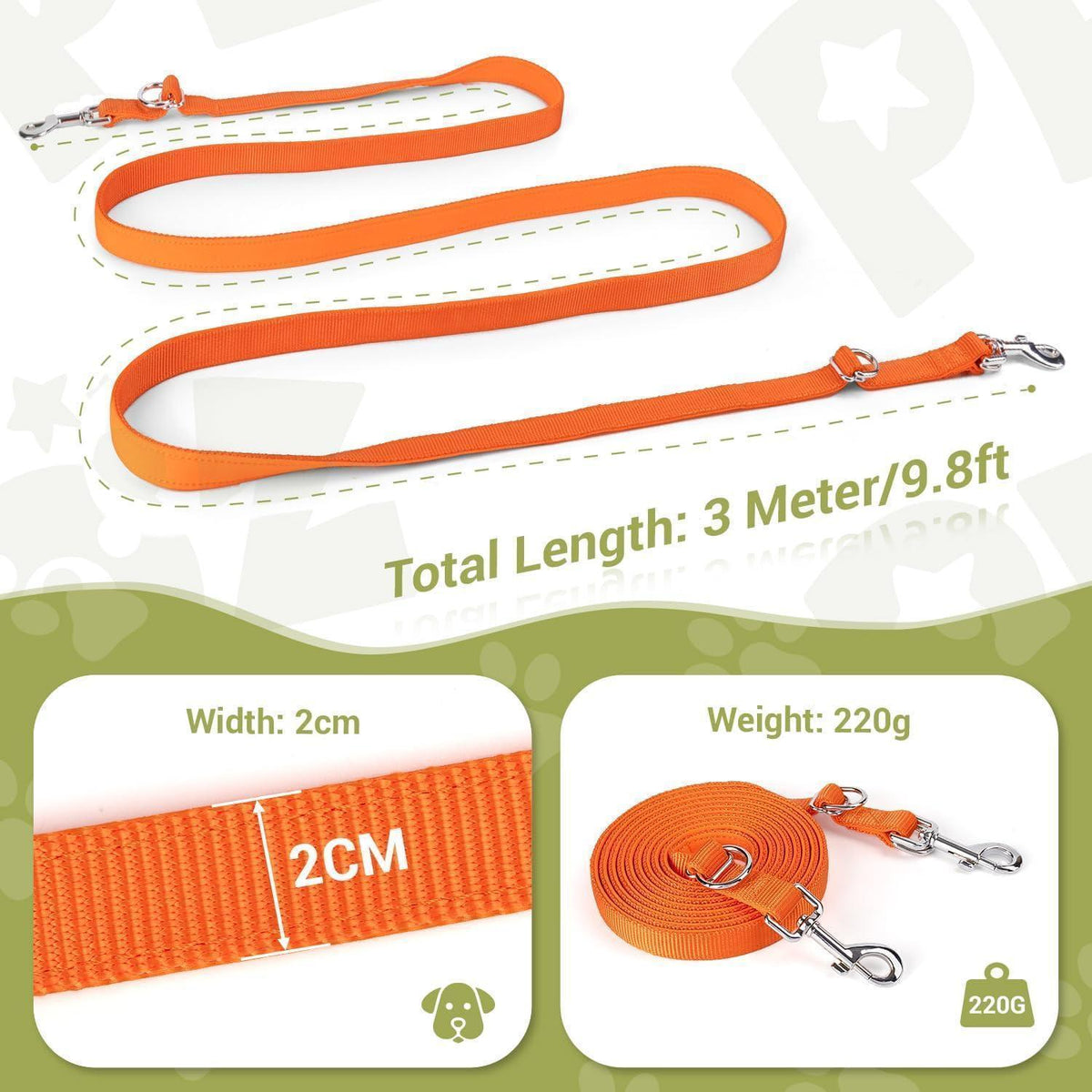 Verstellbare Hundeleine 3m, Doppelleine für Hunde bis 30kg, Orange