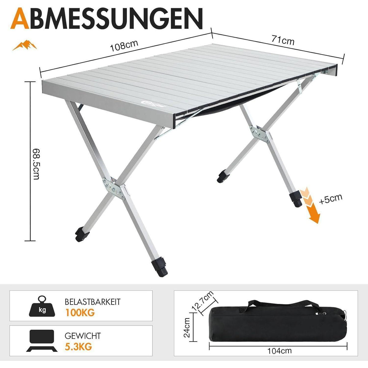 PORTAL Campingtisch faltbar, höhenverstellbar, 108x71cm, Aluminium