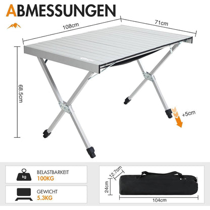 PORTAL Campingtisch faltbar, höhenverstellbar, 108x71cm, Aluminium, rollbar