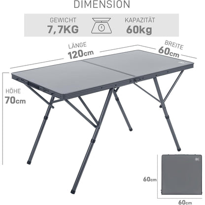 Faltbarer Campingtisch XL 120x60cm für 4-6 Personen, 2 Höhen, bis 60kg