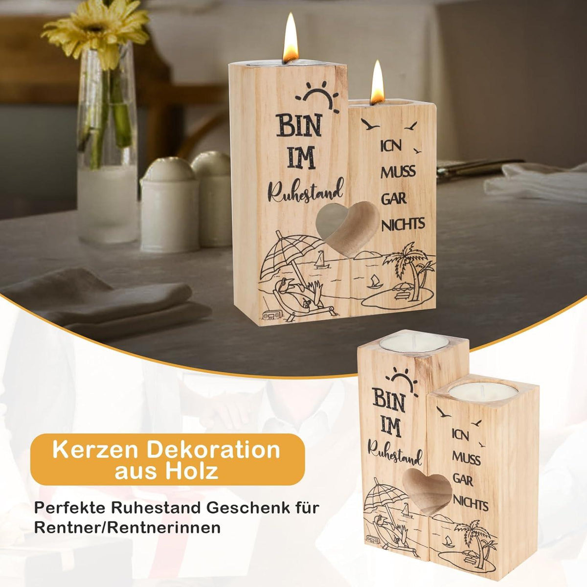 Ruhestand Geschenk Renteneintritt Kerzenständer Holz Herzform Travel