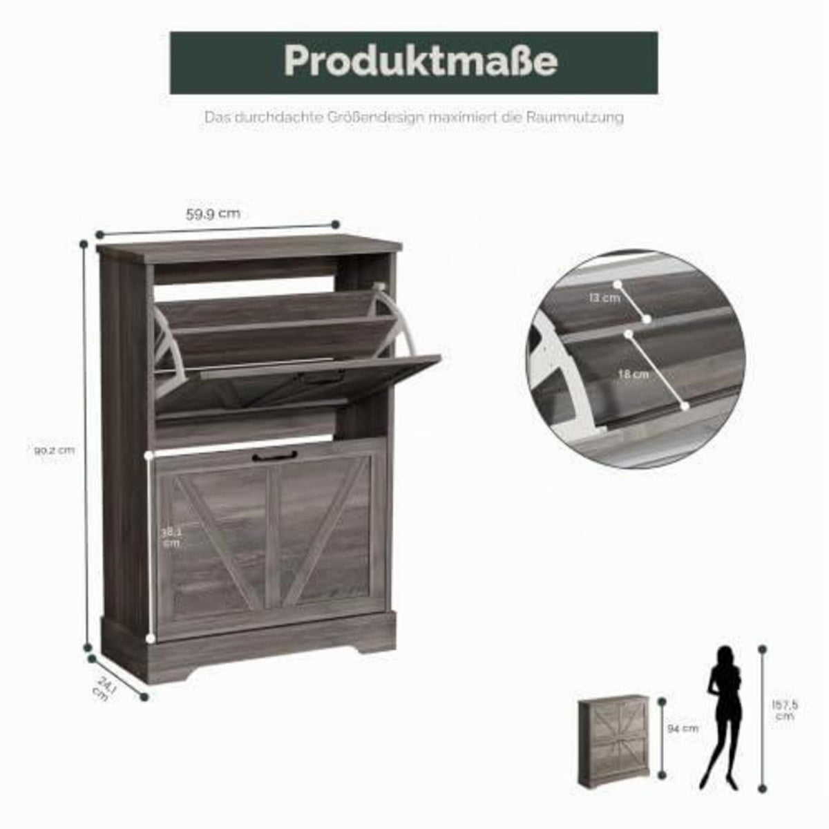 Schmaler Schuhschrank mit Klappschubladen – Bauernhausstil Grau
