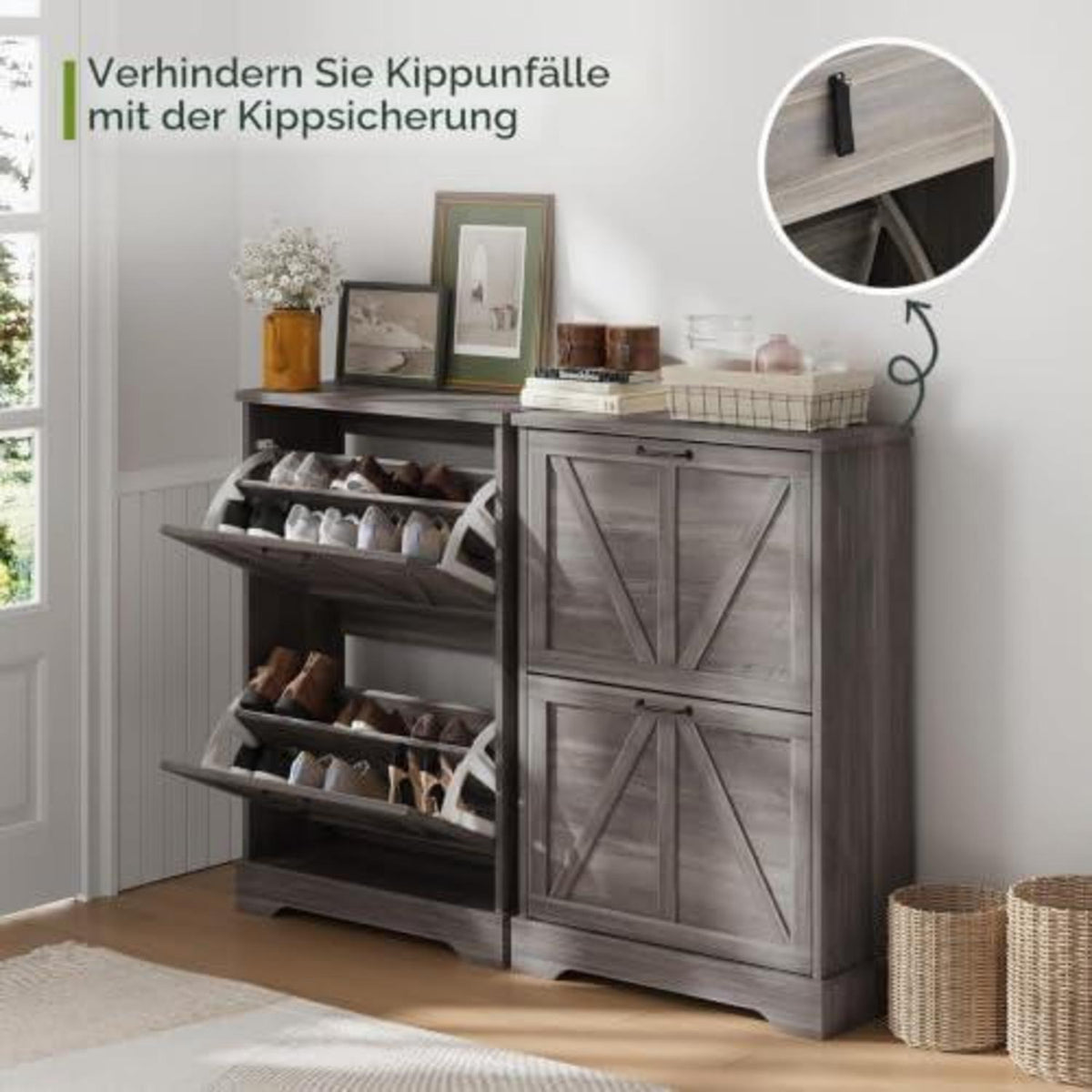 Schmaler Schuhschrank mit Klappschubladen – Bauernhausstil Grau